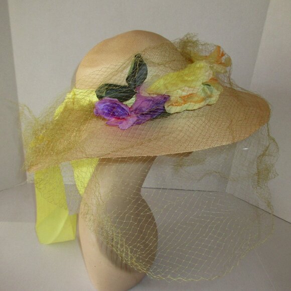 VTG 60's Wide Brim Natural Straw Hat wVeil Flowers Yellow Ribbon Bergdorf France - Picture 5 of 11